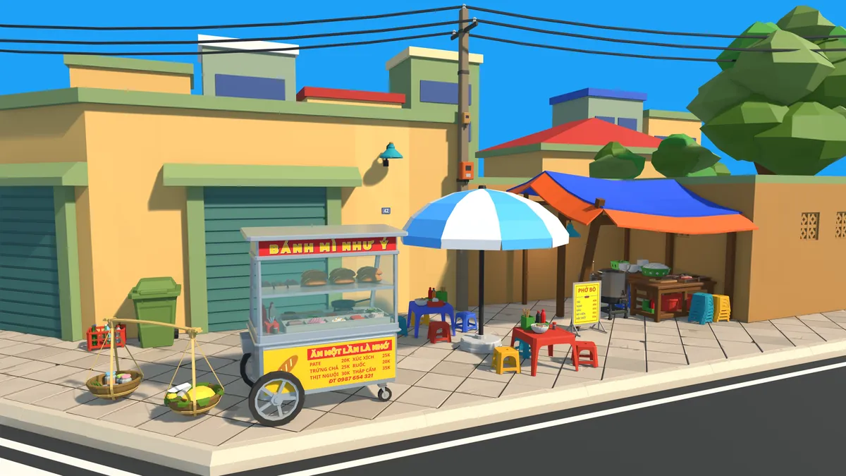 A low-poly street corner: a bánh mì cart, a tarp-covered phở stall, plastic stools and pavement tiles.
